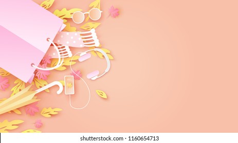 Autumn holiday with decorative fashion items with accessories for women put on the table and place your text space. paper cut and craft style. vector, illustration.