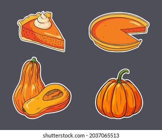 Autumn Holiday Food Stickers Set. Fresh ripe pumpkins and pumpkin pies. Thanksgiving dishes collection for stickers, invitation, menu and greeting cards decoration. Premium Vector