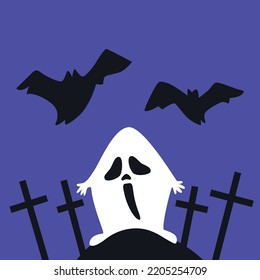 Autumn holiday Halloween. An ominous ghost in a cemetery among crosses in the style of flat cartoon graphics. Ghost character with bats.
