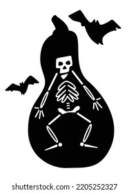 Autumn holiday Halloween. Pumpkin silhouette and human skeleton with bats in flat cartoon graphic style. An ominous holiday with tricks and treats. The skeleton goes to the feast for a treat.