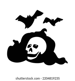 Autumn holiday Halloween. Silhouettes of pumpkins and bats. Smiling skull is not a background of pumpkins. An ominous holiday with tricks and treats. Illustration in cartoon style.