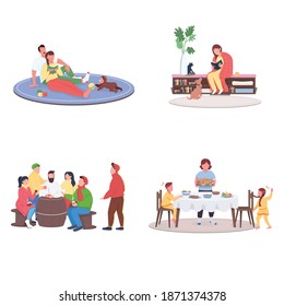 Autumn holiday people flat color vector faceless character set. Couple with book. Friends drink mulled wine. Fall activity isolated cartoon illustration for web graphic design and animation collection