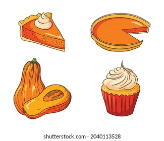 Autumn Holiday pumpkin dishes Collection. Thanksgiving Food Set. Fresh ripe pumpkins and pumpkin pies illustration for stickers, invitation, menu and greeting cards decoration. Premium Vector