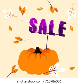 Autumn holiday sale banner with big pumpkin, slogan and fall leaves template. Advert flyer for promo messages vector illustration.
