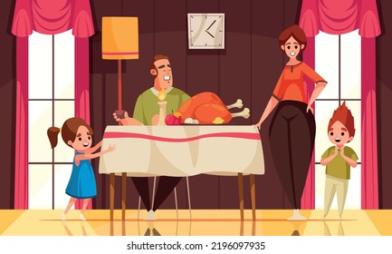 Autumn holiday scene with happy family celebrating Thanksgiving day cartoon vector illustration