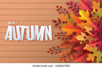Autumn holiday seasonal background with colorful autumn leaves, mushrooms, golden pods, and elements paper cut craft style on color background.