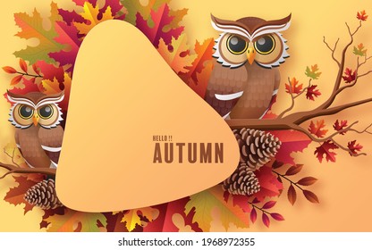 Autumn holiday seasonal background with colorful autumn leaves, mushrooms, golden pods, owl, twigs, squirrel and elements paper cut craft style on color background.