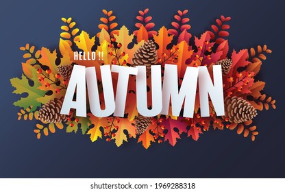 Autumn holiday seasonal background with colorful autumn leaves, mushrooms, golden pods, owl, twigs, squirrel and elements paper cut craft style on color background.