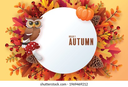 Autumn holiday seasonal background with colorful autumn leaves, mushrooms, golden pods, owl, twigs, squirrel and elements paper cut craft style on color background.