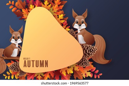 Autumn holiday seasonal background with colorful autumn leaves, mushrooms, golden pods, owl, twigs, squirrel and elements paper cut craft style on color background.