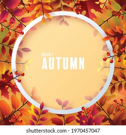 Autumn holiday seasonal background with colorful autumn leaves, mushrooms, golden pods, owl, twigs, squirrel and elements paper cut craft style on color background.