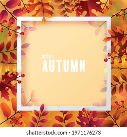 Autumn holiday seasonal background with colorful autumn leaves, mushrooms, golden pods, owl, twigs, squirrel and elements paper cut craft style on color background.