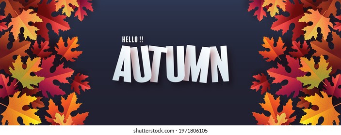Autumn holiday seasonal background with colorful autumn leaves, mushrooms, golden pods, owl, twigs, squirrel and elements paper cut craft style on color background.