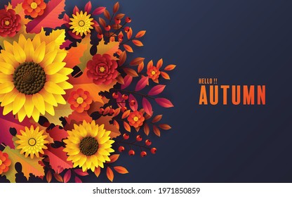 Autumn holiday seasonal background with colorful autumn leaves, mushrooms, golden pods, owl, twigs, squirrel and elements paper cut craft style on color background.