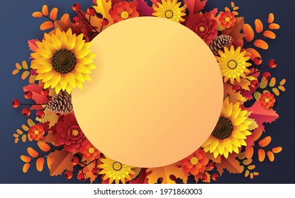 Autumn holiday seasonal background with colorful autumn leaves, mushrooms, golden pods, owl, twigs, squirrel and elements paper cut craft style on color background.