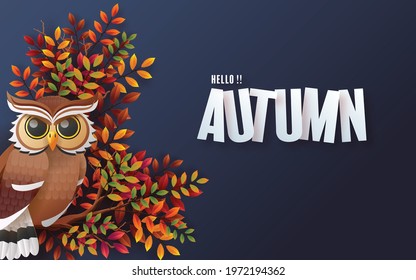 Autumn holiday seasonal background with colorful autumn leaves, mushrooms, golden pods, owl, twigs, squirrel and elements paper cut craft style on color background.