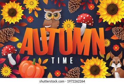 Autumn holiday seasonal background with colorful autumn leaves, mushrooms, golden pods, owl, twigs, squirrel and elements paper cut craft style on color background.