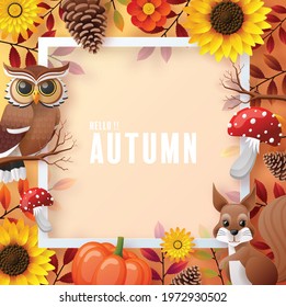 Autumn holiday seasonal background with colorful autumn leaves, mushrooms, golden pods, owl, twigs, squirrel and elements paper cut craft style on color background.