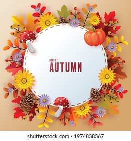 Autumn holiday seasonal background with colorful autumn leaves, mushrooms, golden pods, owl, twigs, squirrel and elements paper cut craft style on color background.