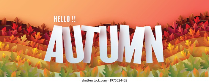 Autumn holiday seasonal background with colorful autumn leaves, mushrooms, golden pods, owl, twigs, squirrel and elements paper cut craft style on color background.