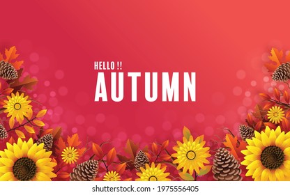 Autumn holiday seasonal background with colorful autumn leaves, mushrooms, golden pods, owl, twigs, squirrel and elements paper cut craft style on color background.