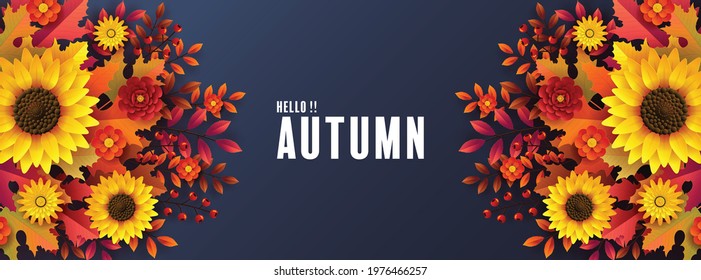 Autumn holiday seasonal background with colorful autumn leaves, mushrooms, golden pods, owl, twigs, squirrel and elements paper cut craft style on color background.