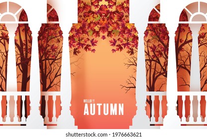 Autumn holiday seasonal background with colorful autumn leaves, mushrooms, golden pods, owl, twigs, squirrel and elements paper cut craft style on color background.