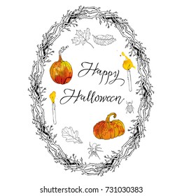  Autumn holiday set with hand-written Happy Halloween lettering, pumpkins, spider, wreath branches frame, leaves, candles. Hand drawn line art style vector illustration with watercolor elements.