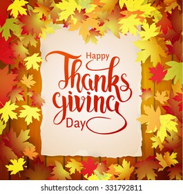 Autumn holiday Thanksgiving day background, lettering on the wood background and falling leaves