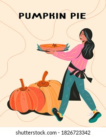 Autumn holiday Thanksgiving or Halloween card with woman carrying pumpkin pie, flat cartoon vector illustration.  Autumn or fall banner or greeting card template.