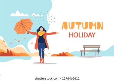 Autumn holiday. Young happy woman with umbrella in a park. Healthy lifestyle and recreation leisure activity. Vector illustration.