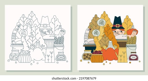Autumn holidays. Harvesting. Hand drawn coloring book page. Outline vector illustration.
