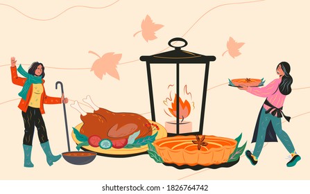 Autumn holidays menu web banner or poster for  Thanksgiving and Halloween party, flat vector illustration. Tiny women serving turkey and pumpkin pie for festive Thanksgiving  dinner.