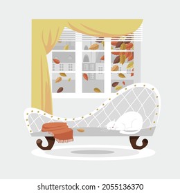 autumn at home. autumn interior. the cat sleeps on the sofa in the living room. vector image
