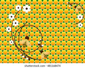 Autumn honeycomb, bee and white flowers.