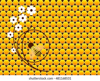 Autumn honeycomb, bee and white flowers.