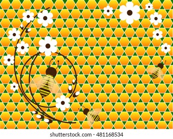 Autumn honeycomb, bee and white flowers.