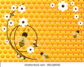 Autumn honeycomb, bee and white flowers.