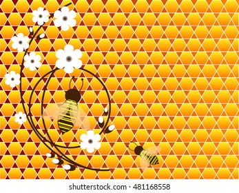 Autumn honeycomb, bee and white flowers.