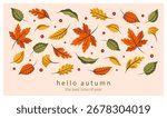 Autumn horizontal background with leaves. Bright fall banner for holidays, advertising, sale. Vector illustration