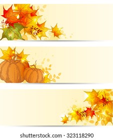Autumn horizontal backgrounds with maple leaves and pumpkins