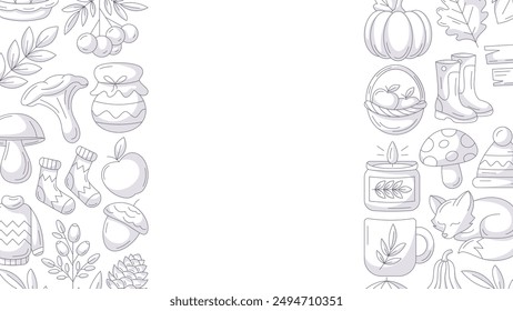 Autumn horizontal banner or background with copy space for text. Minimalist monochrome side border frame with fall seasonal cozy elements, food, clothes, mushrooms, animals. For poster, flyer, card