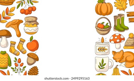 Autumn horizontal banner or background with empty space for text. Colorful modern side border frame with fall seasonal cozy elements, food, clothes, mushrooms, animals. For poster, flyer, card, party