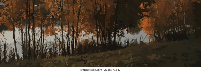 fondo de banner horizontal de otoño con paisaje forestal de otoño, árboles dorados, hojas, río y cielo. Diseño de otoño, afiche, etiqueta, publicación en medios sociales y plantilla de diseño de fondo