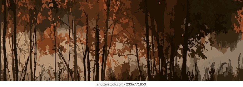 autumn horizontal banner background with autumn forest landscape, golden trees, leaves, river and sky. Autumn layout, poster, label, social media post and backdrop design template