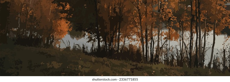 autumn horizontal banner background with autumn forest landscape, golden trees, leaves, river and sky. Autumn layout, poster, label, social media post and backdrop design template