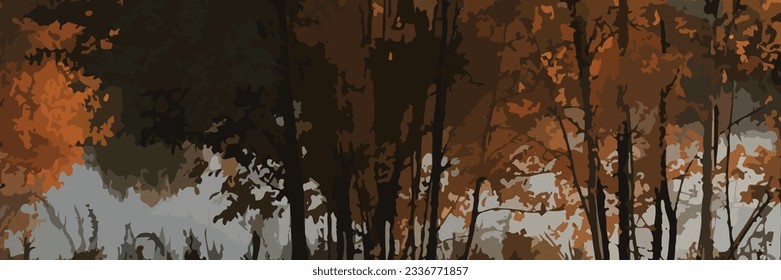 autumn horizontal banner background with autumn forest landscape, golden trees, leaves, river and sky. Autumn layout, poster, label, social media post and backdrop design template
