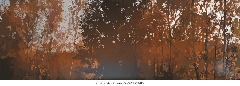 autumn horizontal banner background with autumn forest landscape, golden trees, leaves, river and sky. Autumn layout, poster, label, social media post and backdrop design template