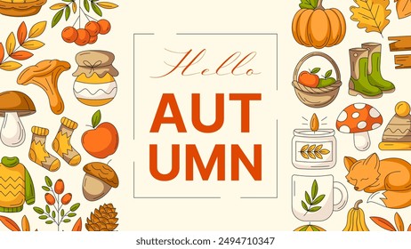 Autumn horizontal banner or background with greeting text. Side border frame with fall seasonal cozy elements, food, clothes, mushrooms, animals. For poster, flyer, card, invitation, social media