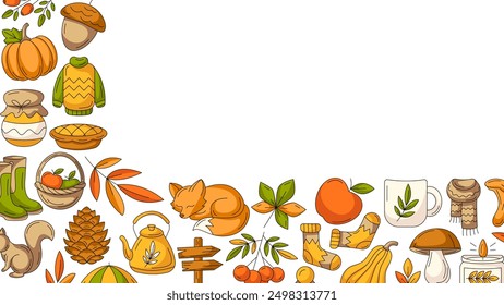 Autumn horizontal banner or background with space for text. Minimalist colorful corner border frame with fall seasonal cozy elements, food, clothes, mushrooms, animals. For poster, card, invitation